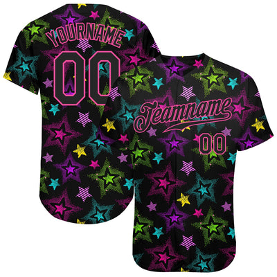 Custom Graffiti Pattern Black-Pink 3D Creative Colorful Stars Authentic Baseball Jersey - Owls Matrix LTD