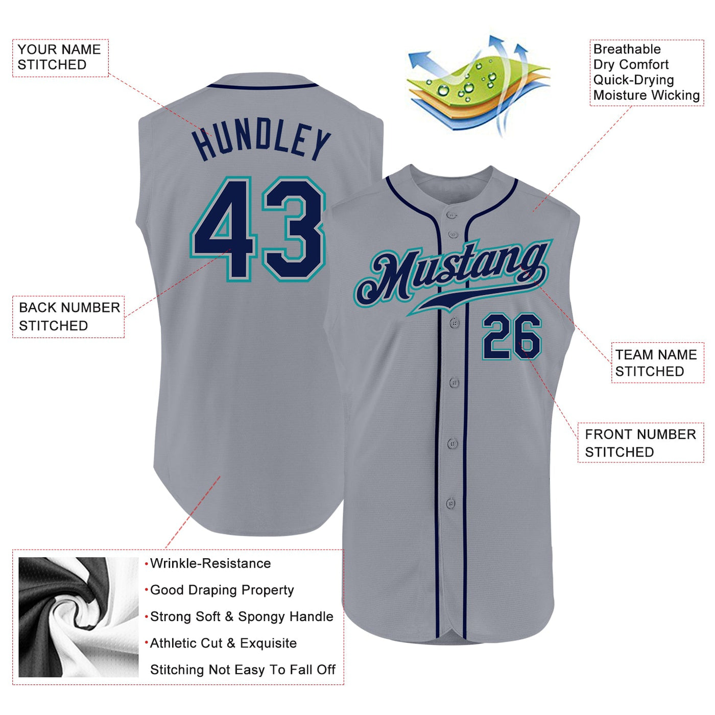 Custom Gray Navy-Aqua Authentic Sleeveless Baseball Jersey