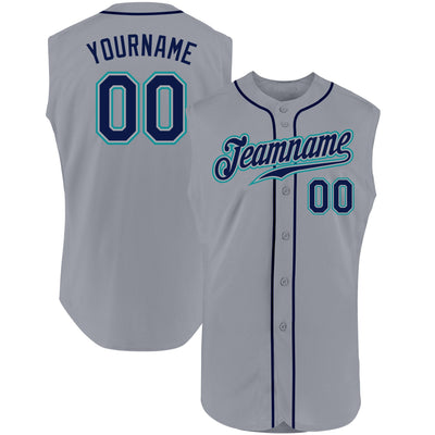 Custom Gray Navy-Aqua Authentic Sleeveless Baseball Jersey