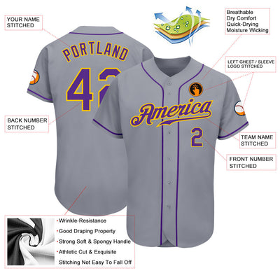Custom Gray Purple-Gold Authentic Baseball Jersey - Owls Matrix LTD