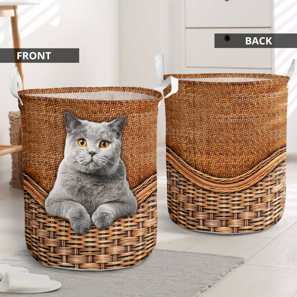 Gray Cat Rattan Teaxture Basic Style - Laundry Basket - Owls Matrix LTD