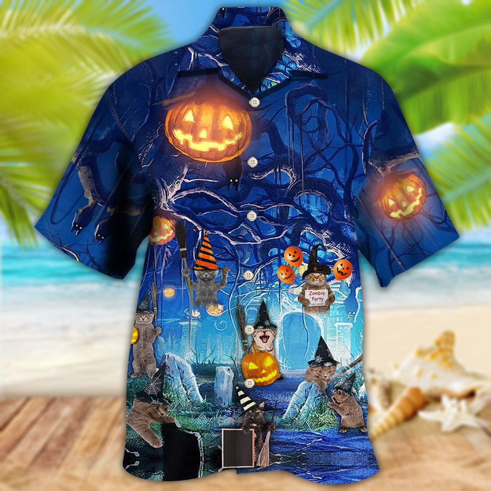 Halloween Night Cat Blue - Hawaiian Shirt - Owls Matrix LTD