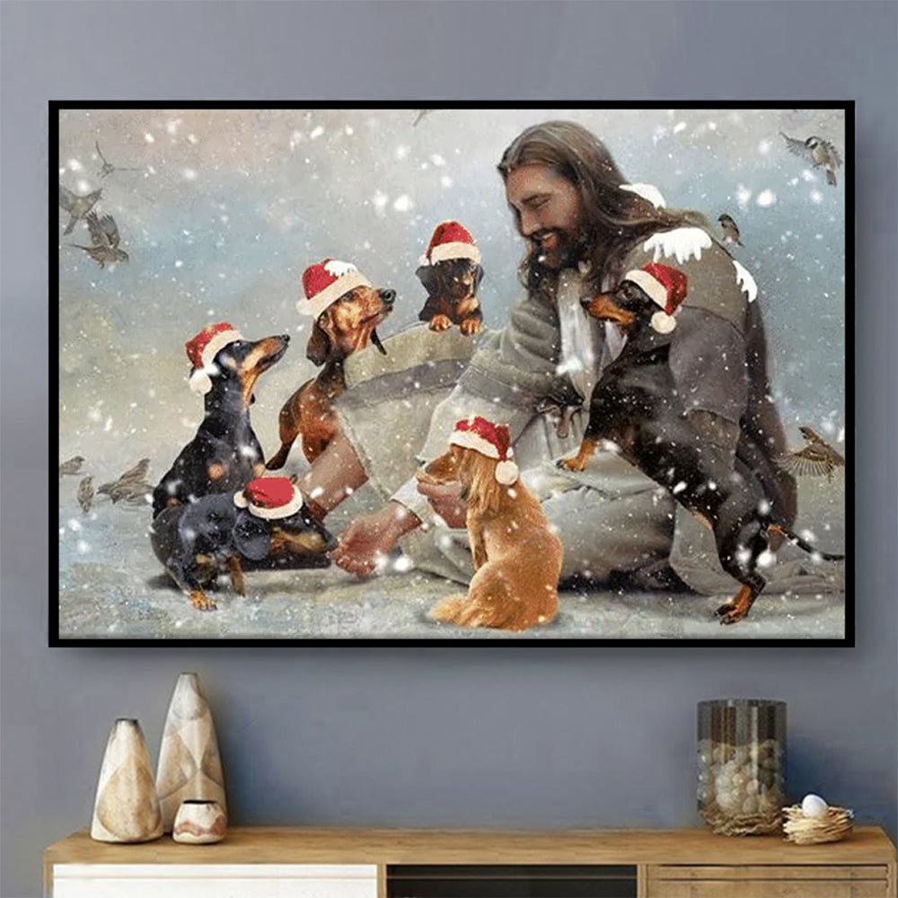 Jesus And Dachshund Christmas - Horizontal Poster - Owls Matrix LTD