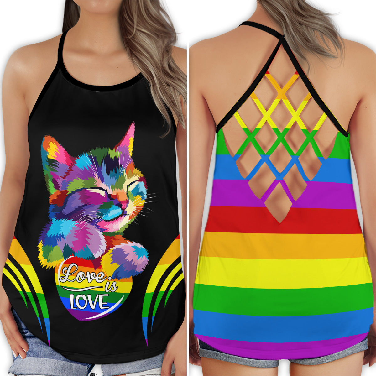 S LGBT Love Is Love Cat - Cross Open Back Tank Top - Owls Matrix LTD