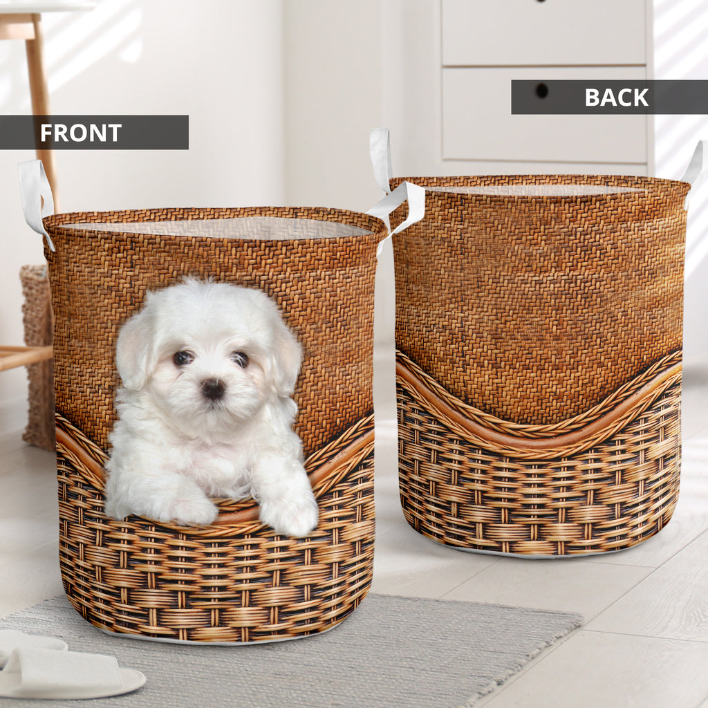 Maltese Dog Rattan Teaxture - Laundry Basket - Owls Matrix LTD