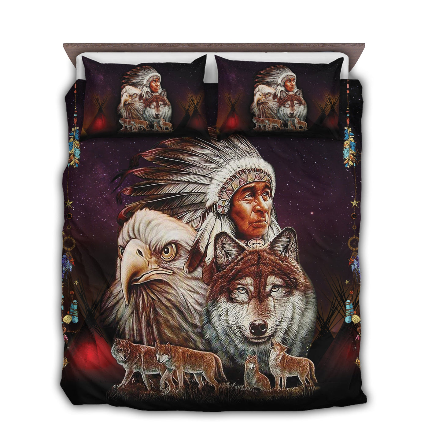 US / Twin (68" x 86") Native American Peace Love Wolf And Eagle - Bedding Cover - Owls Matrix LTD