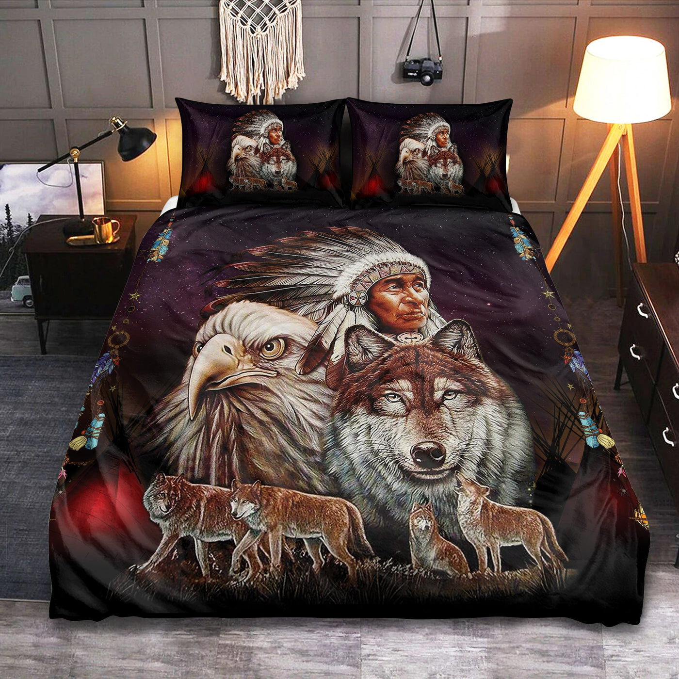 Native American Peace Love Wolf And Eagle - Bedding Cover - Owls Matrix LTD