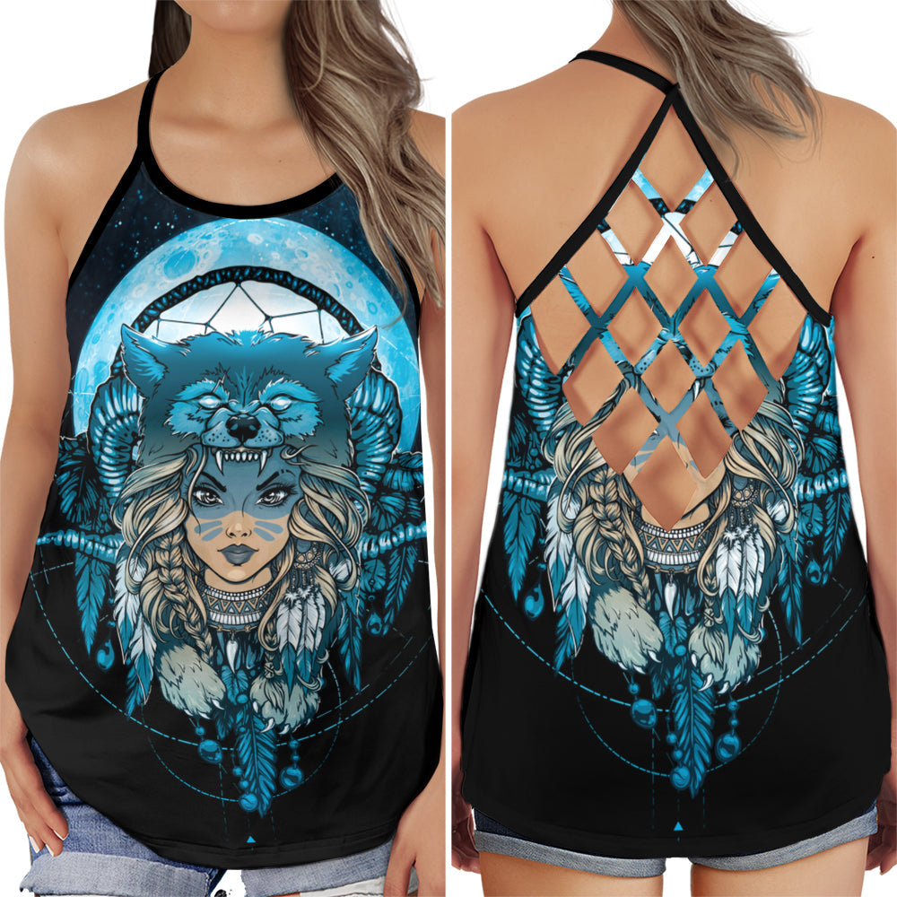 S Native Girl Wolf Dreamcatcher Blue - Cross Open Back Tank Top - Owls Matrix LTD