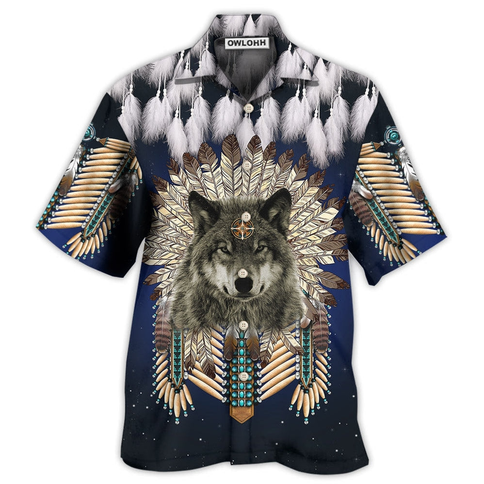 Hawaiian Shirt / Adults / S Native Wolf Feathers Dark Style - Hawaiian Shirt - Owls Matrix LTD