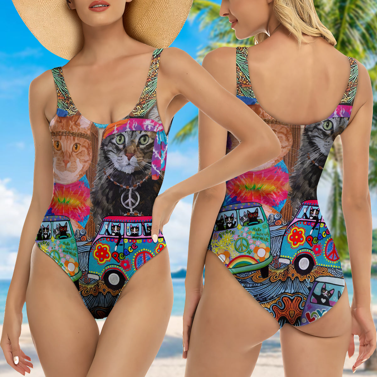 Cat Love Life Hippie Style - One-piece Swimsuit - Owls Matrix LTD