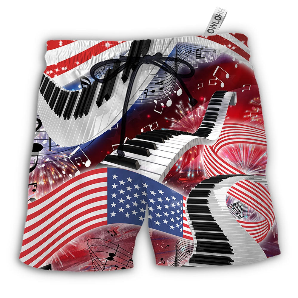 Beach Short / Adults / S Piano Music Lover USA Flag Independence Day - Beach Short - Owls Matrix LTD