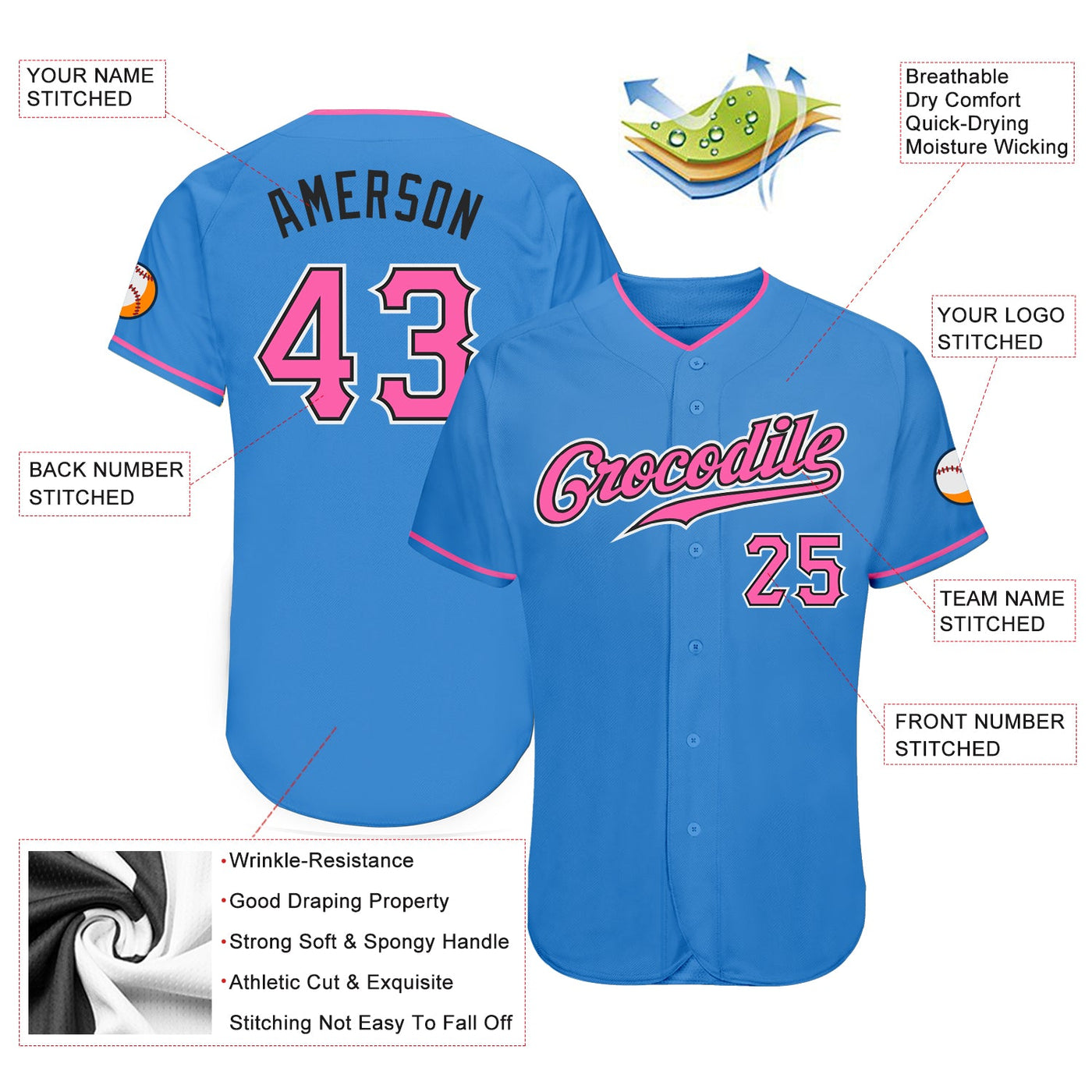 Custom Powder Blue Pink-Black Authentic Baseball Jersey - Owls Matrix LTD