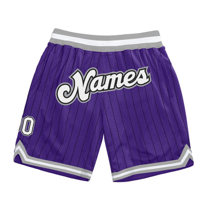 Custom Purple Black Pinstripe White-Silver Gray Authentic Basketball Shorts