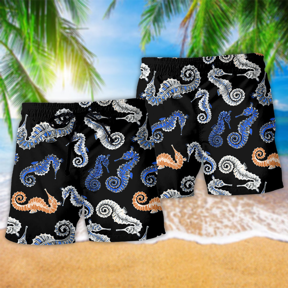 Seahorse Blue Orange Black Style - Beach Short - Owls Matrix LTD