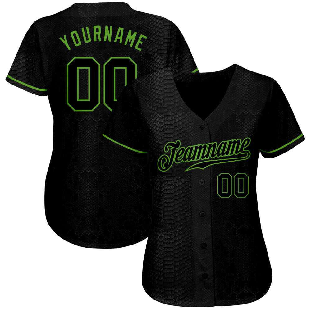 Custom Black Snakeskin Black-Neon Green Authentic Baseball Jersey - Owls Matrix LTD