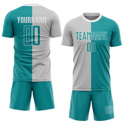 Custom Gray Aqua-White Sublimation Split Fashion Soccer Uniform Jersey