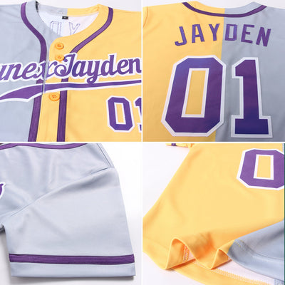 Custom Gold Purple Gray-White Authentic Split Fashion Baseball Jersey - Owls Matrix LTD