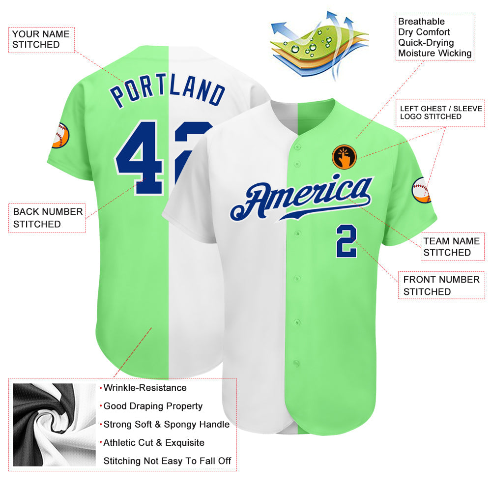 Custom Pea Green Royal-White Authentic Split Fashion Baseball Jersey - Owls Matrix LTD