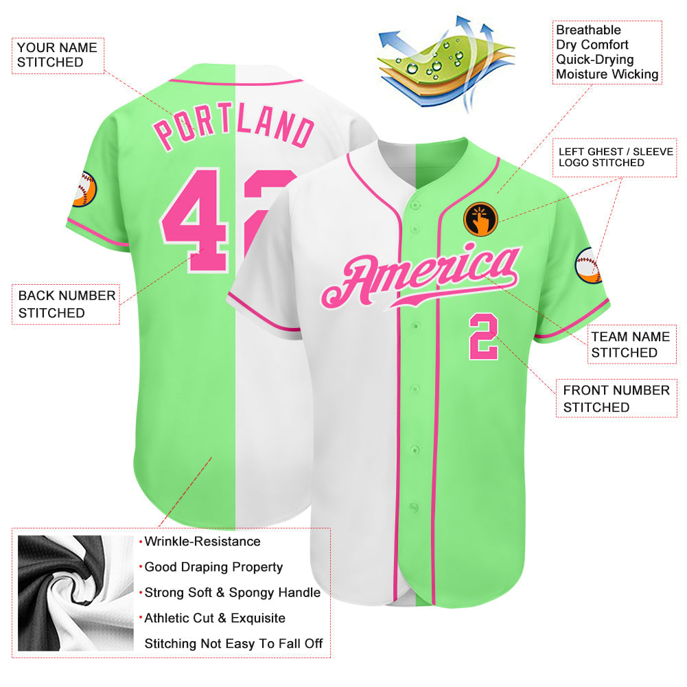 Custom Pea Green Pink-White Authentic Split Fashion Baseball Jersey - Owls Matrix LTD