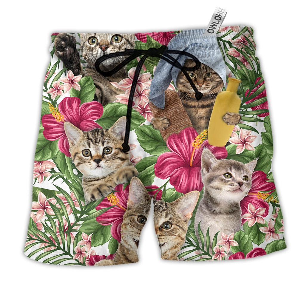 Beach Short / Adults / S Tabby Cat Tropical Floral - Beach Short - Owls Matrix LTD