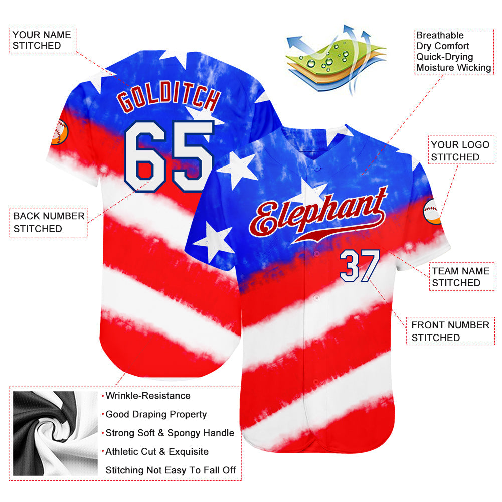 Custom Tie Dye White-Royal 3D American Flag Authentic Baseball Jersey - Owls Matrix LTD