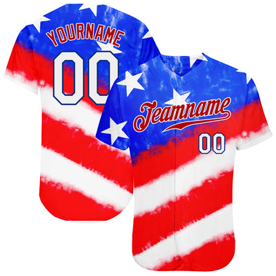 Custom Tie Dye White-Royal 3D American Flag Authentic Baseball Jersey - Owls Matrix LTD