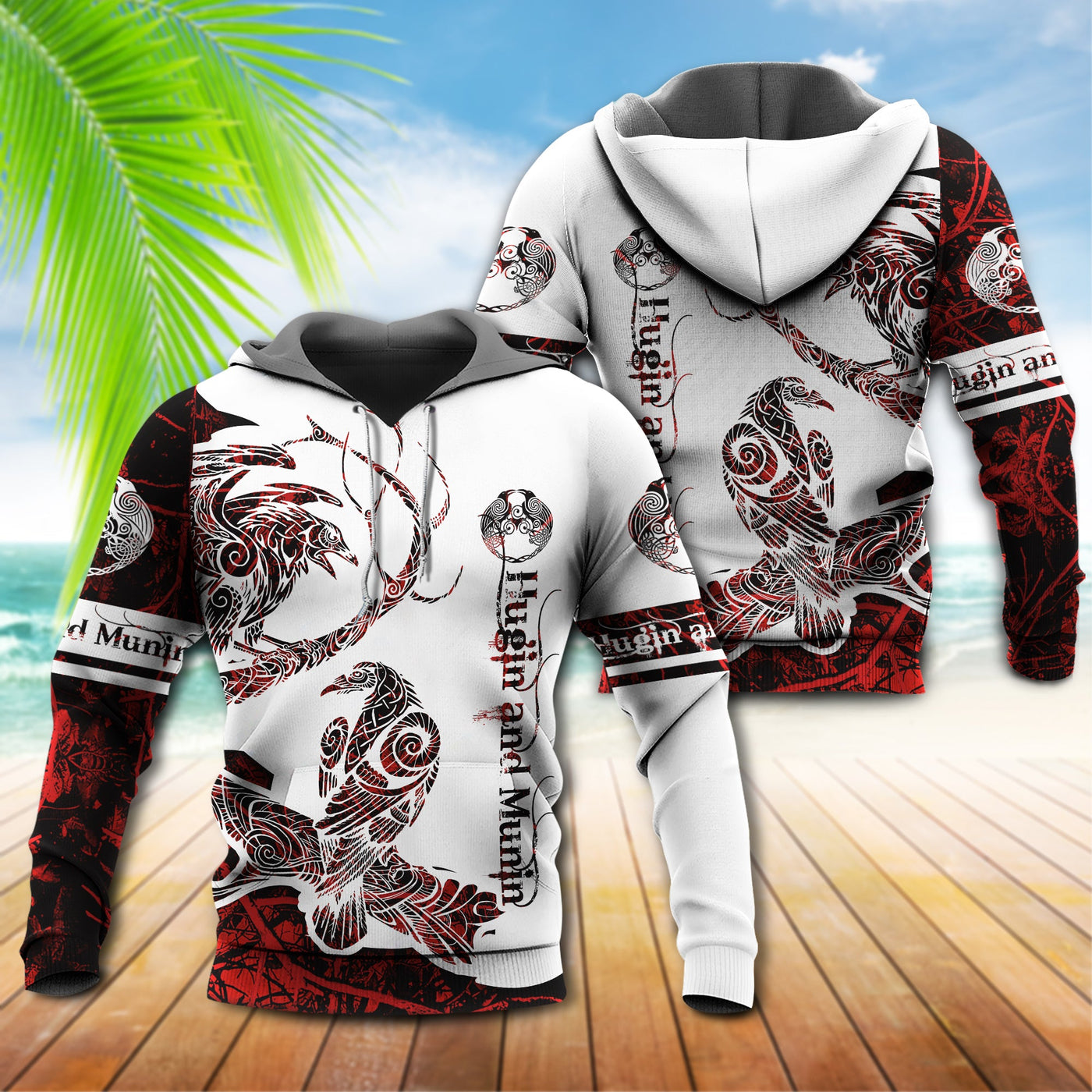 Viking Raven Legend Red And White Style With Classic - Hoodie - Owls Matrix LTD