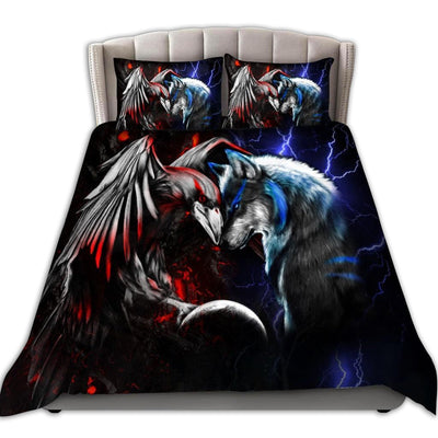 US / Twin (68" x 86") Wolf And Raven Combat - Bedding Cover - Owls Matrix LTD