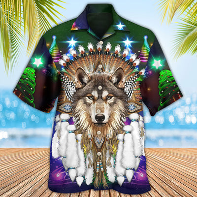 Native Wolf And Merry Christmas Cool - Hawaiian Shirt - Owls Matrix LTD