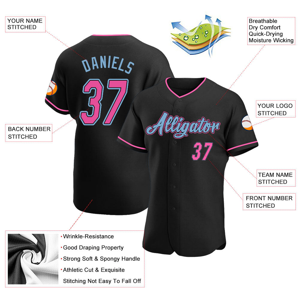 Custom Black Pink-Light Blue Authentic Baseball Jersey - Owls Matrix LTD