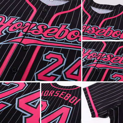 Custom Black White Pinstripe Pink-Light Blue Authentic Baseball Jersey - Owls Matrix LTD