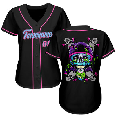Custom Black Light Blue-Pink Authentic Skull Fashion Baseball Jersey - Owls Matrix LTD