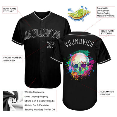 Custom Black Black-Gray Authentic Skull Fashion Baseball Jersey - Owls Matrix LTD