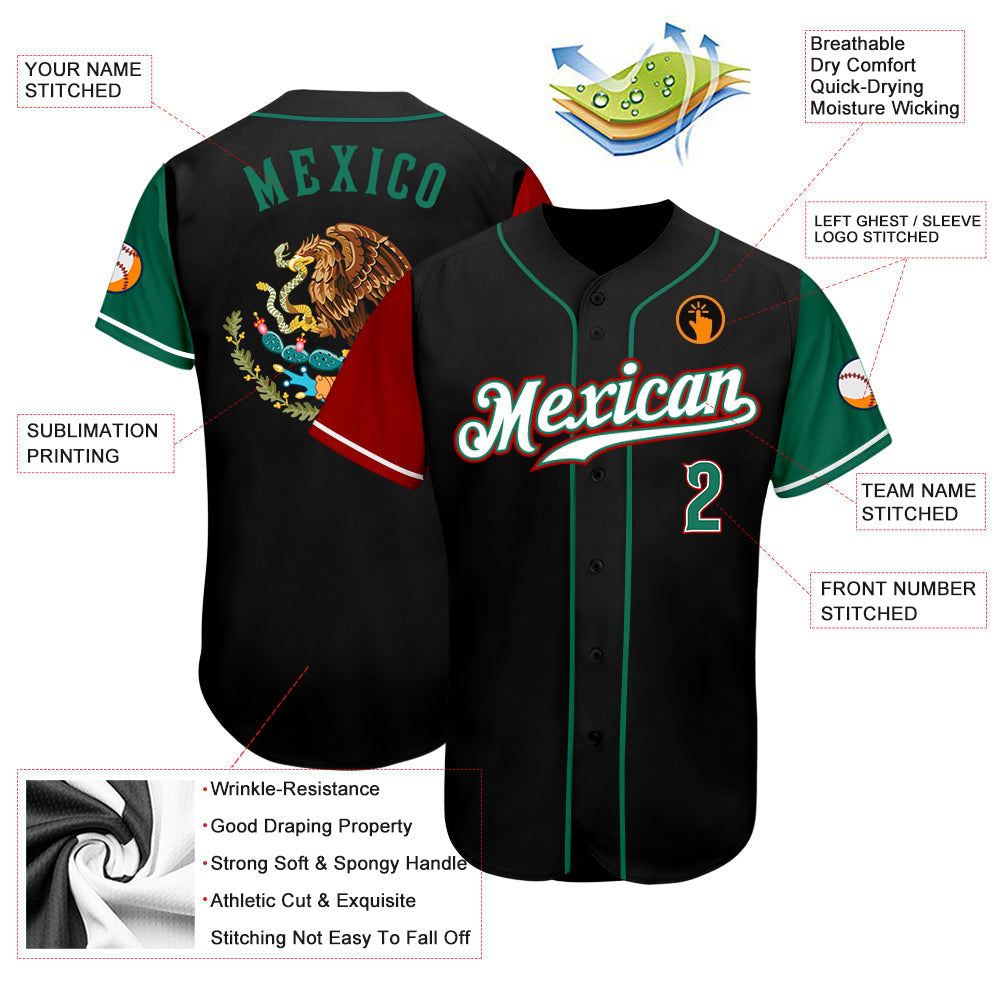 Custom Black Kelly Green-Red Authentic Mexico Two Tone Baseball Jersey - Owls Matrix LTD