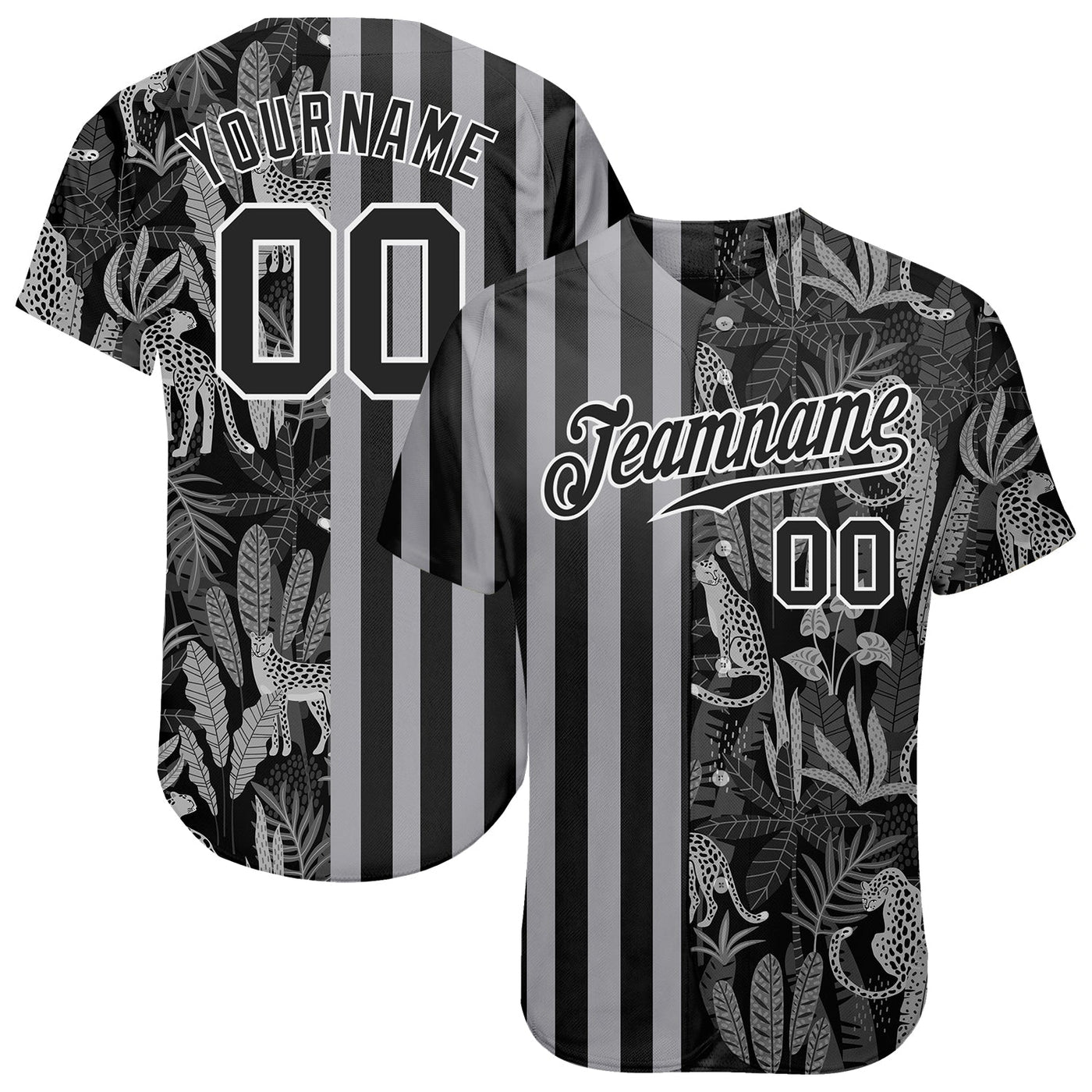 Custom Black Black-Gray 3D Pattern Design Leopards And Tropical Leaves Authentic Baseball Jersey - Owls Matrix LTD
