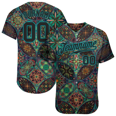 Custom Black Black-Aqua 3D Pattern Design Mandalas Authentic Baseball Jersey - Owls Matrix LTD