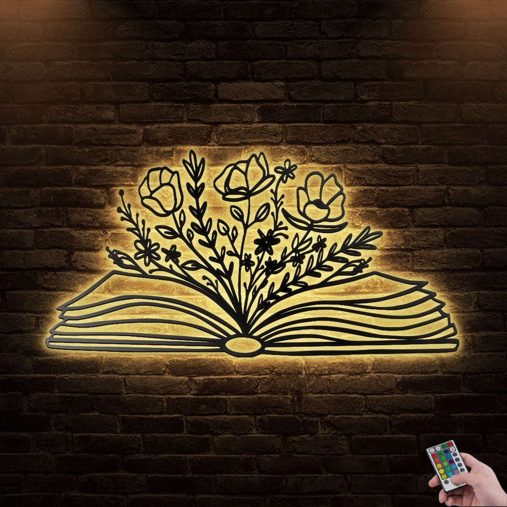 12"x12" Book With Flowers Reading Lover Room Wildflowers - Led Light Metal - Owls Matrix LTD