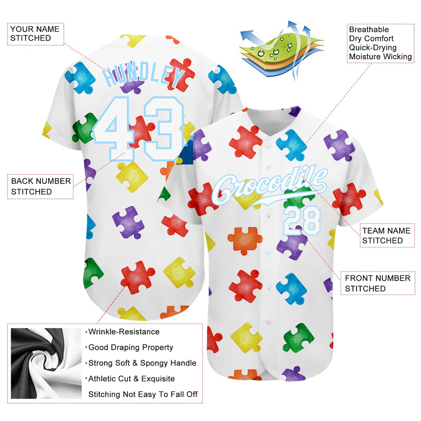 Custom Autism Awareness Puzzle Pieces White-Light Blue 3D Authentic Baseball Jersey - Owls Matrix LTD