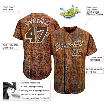 Custom Graffiti Pattern Brown-White 3D Wood Authentic Baseball Jersey - Owls Matrix LTD