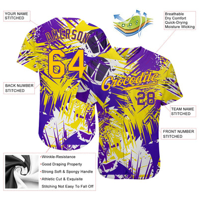 Custom Graffiti Pattern Gold-Purple 3D Authentic Baseball Jersey - Owls Matrix LTD