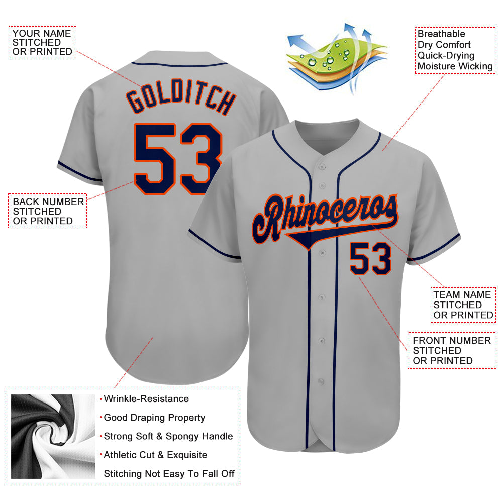 Custom Gray Navy-Orange Authentic Baseball Jersey - Owls Matrix LTD