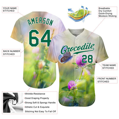 Custom Gray Kelly Green-White 3D Pattern Design Flowers And Butterfly Authentic Baseball Jersey - Owls Matrix LTD