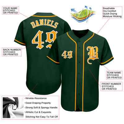 Custom Green Gold-White Authentic Baseball Jersey - Owls Matrix LTD