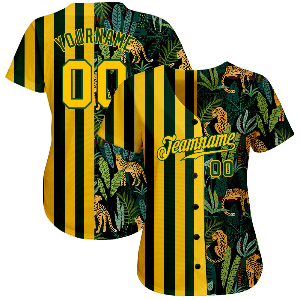 Custom Green Gold-Black 3D Pattern Design Leopards And Tropical Leaves Authentic Baseball Jersey - Owls Matrix LTD