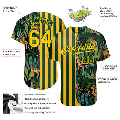Custom Green Gold-Black 3D Pattern Design Leopards And Tropical Leaves Authentic Baseball Jersey - Owls Matrix LTD