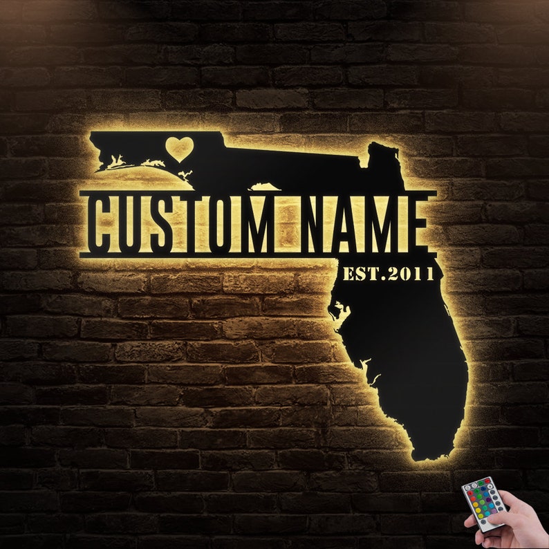 12*12 Inch (30*30cm) Florida Map Florida State Personalized - Led Light Metal - Owls Matrix LTD