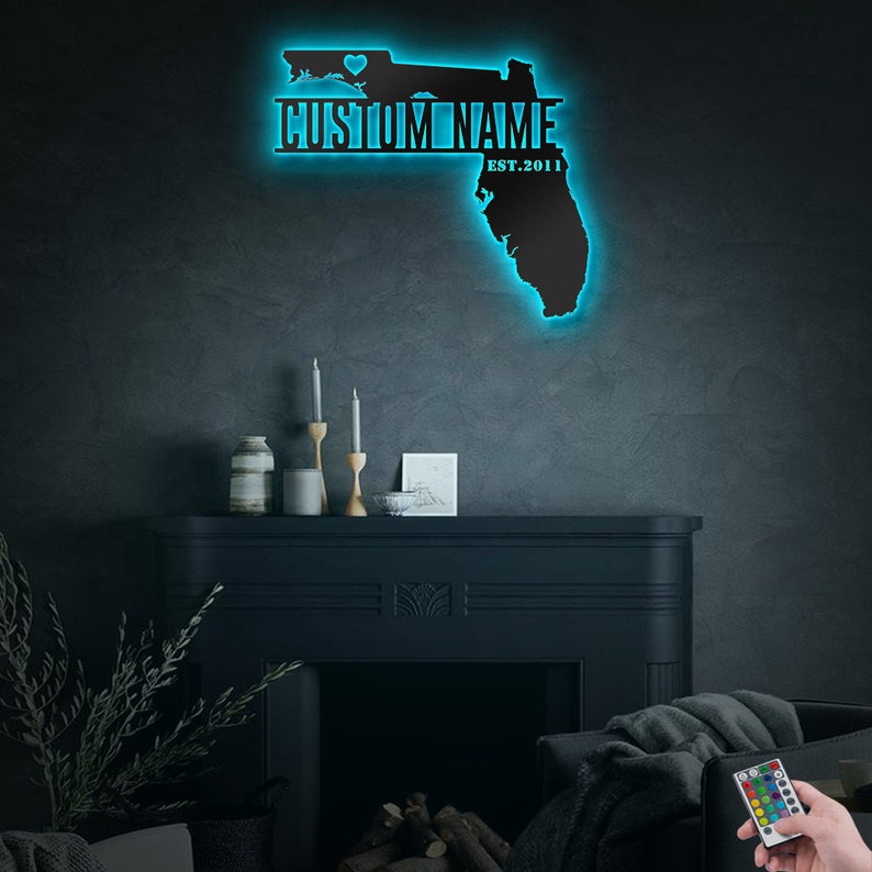 Florida Map Florida State Personalized - Led Light Metal - Owls Matrix LTD