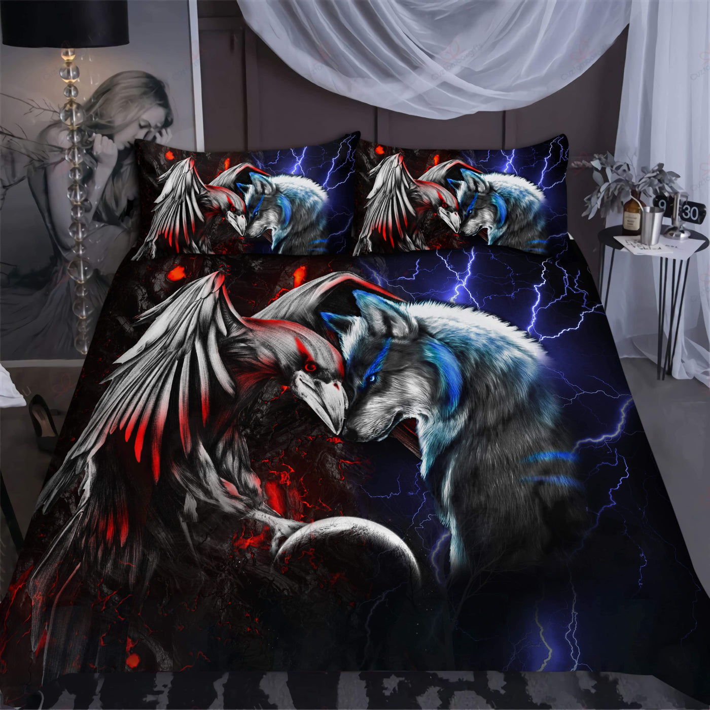 Wolf And Raven Combat - Bedding Cover - Owls Matrix LTD