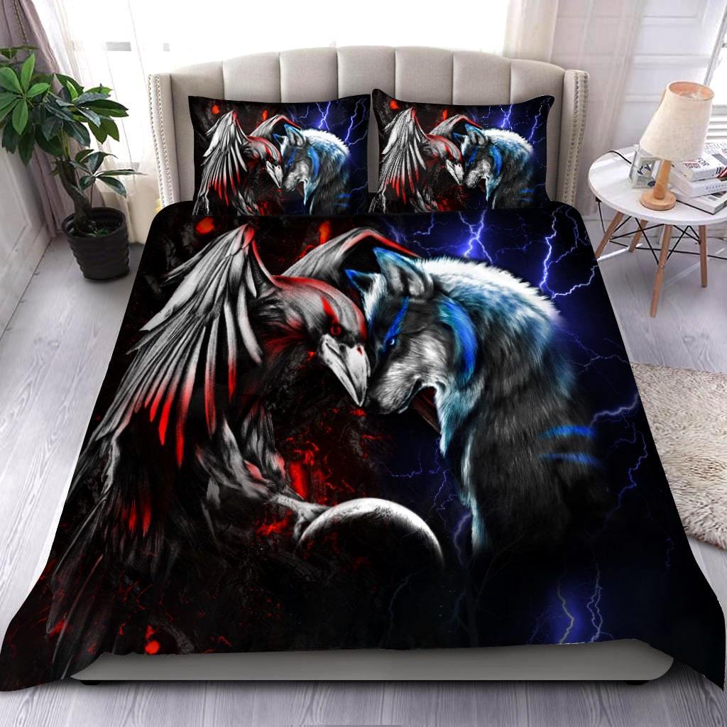 Wolf And Raven Combat - Bedding Cover - Owls Matrix LTD