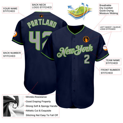 Custom Navy Gray-Neon Green Authentic Baseball Jersey Jersey - Owls Matrix LTD